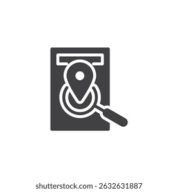 Guide book with map pin and magnifier vector icon. filled flat sign for mobile concept and web design. Travel Guide glyph icon. Symbol, logo illustration. Vector graphics
