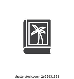 Ícone de vetor do livro guia. sinal plano preenchido para conceito móvel e web design. Ícone de livro com glifo da palmeira. Símbolo, ilustração de logotipo. Gráficos vetoriais