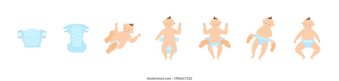 Guide to changing kids diapers. How dress up absorbent diapers on baby, care and hygiene newborn. Flat cartoon vector illustration isolated on a white background.