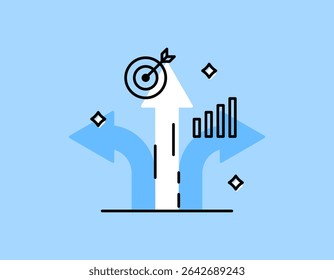 guide concept. hints, directions, and instructions. guide to the right or successful path. illustration of branching direction with target and increment symbols. flat style design with outline. asset 
