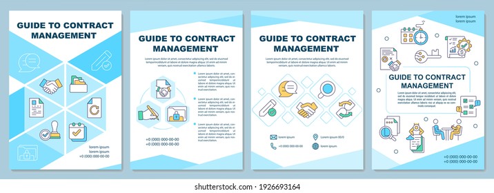 Guide to contract management brochure template. Business process. Flyer, booklet, leaflet print, cover design with linear icons. Vector layouts for magazines, annual reports, advertising posters