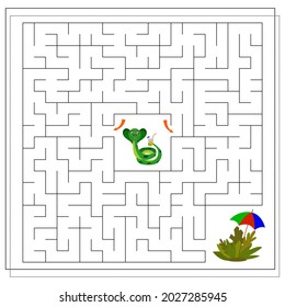 Guide a cute cartoon snake through the maze, a maze game for kids. Vector illustration isolated on a white background