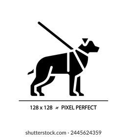 Guide dog black glyph icon. Visual impairment, support animal. Pet training, volunteerism. Blindness support services. Silhouette symbol on white space. Solid pictogram. Vector isolated illustration
