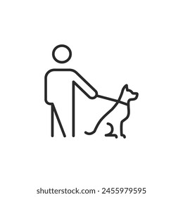 Guide Dog for the Blind icon. Simple icon representing a person with visual impairment being assisted by a guide dog. Essential for accessibility features and awareness content. Vector illustration