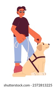 Guide dog for blind man 2D cartoon character. Hispanic blind man sunglasses holding cane isolated vector person white background. Cool guy with visual impairment color flat spot illustration