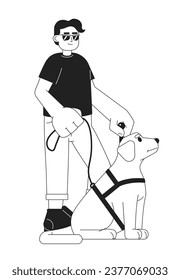 Guide dog for blind man black and white 2D cartoon character. Hispanic blind man sunglasses isolated vector outline person. Cool guy with visual impairment monochromatic flat spot illustration