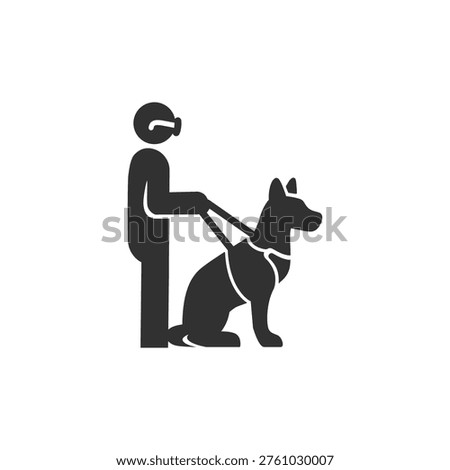 Guide dog with blind person icon. Assistance animal and accessibility support concept. Monochrome black and white symbol