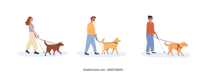 A guide dog with blind person walking together. Set of people with using help of dog. Collection of flat style characters. Vector illustration. svg