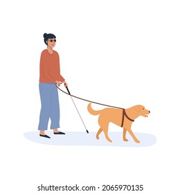 A guide dog with blind person walking together. Young woman with disability using cane stick and help of dog. Flat style characters. Vector illustration.