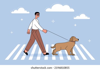 Guide dog concept. Man with puppy on pedestrian crossing, person with disabilities, vision problems. Guy in sunglasses with animal helper. Professional trained pet. Cartoon flat vector illustration