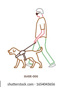 Guide dog with harness helping a disabled blind man. Support, assistance animal. Physically handicapped person. Simple icon, symbol, pictogram, sign. Vector illustration isolated on white background.