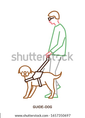 Guide dog with harness helping a disabled blind man. Support, assistance animal. Physically handicapped person. Simple icon, symbol, pictogram, sign. Vector illustration isolated on white background.