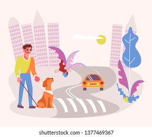 Guide dog helping blind man on pedestrian crossing. Isolated on white background. Flat Art Vector illustration