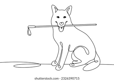 The guide dog holds a stick for the blind in his teeth. International Guide Dog Day. One line drawing for different uses. Vector illustration. svg
