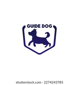 Guide dog icon or emblem design black and white graphic vector illustration isolated on white background. Guidance with dog for blind and visually impaired people.