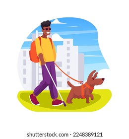 Guión perro aislado ilustración vectorial de dibujos animados. Viendo los ojos, clases de entrenamiento de movilidad, caminatas de adolescentes con discapacidad visual con perro guía, animales de ayuda para niños ciegos dibujos vectoriales.