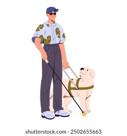 El perro guía guía al ciego. Persona con discapacidad en gafas de sol camina con bastón. Mascota ayuda al carácter con discapacidad, visión deteriorada. Ilustración vectorial aislada plana sobre fondo blanco