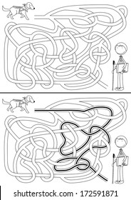 Guide Dog Maze For Kids With A Solution In Black And White