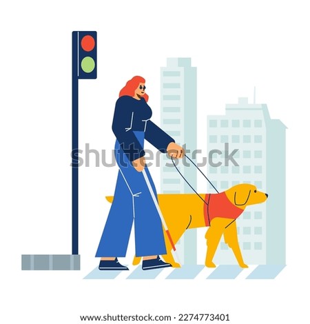 Guide dog or seeing-eye dog leading blind woman through the city, flat vector illustration isolated on white background. Concept of assistance dogs for visually impaired people.
