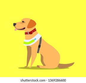 Guide Dog, Specially Trained Seeing Eye For A Blind Person, Flat Cartoon Vector Illustration Isolated On White Background. Flat Cartoon Labrador Guide Dog For Blind People