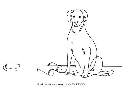 Guide dog with a walking stick for the blind and goggles. International Guide Dog Day. One line drawing for different uses. Vector illustration.