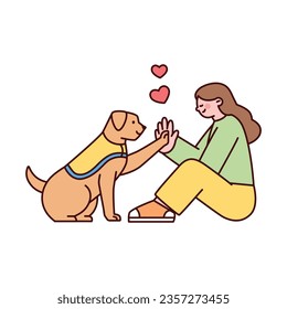 Un perro guía y una mujer se miran con expresiones felices. Ilustración de estilo con contornos.