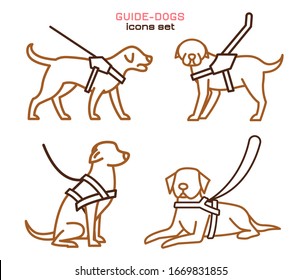 Guide dogs with harness. Mobility aid. Support, assistance, service animal. Guide-dog training. Simple icon, symbol, pictogram, sign. Vector illustration isolated on white background. svg
