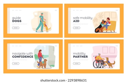 Guide Dogs Landing Page Template Set. Animals Offer Support And Independence To Characters With Visual Impairments, Navigating and Leading Them Through Obstacles. Cartoon People Vector Illustration