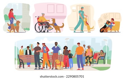 Guide Dogs Offer Support And Independence To Characters With Visual Impairments, Leading Them Through Obstacles, Crossing Streets, Safely Help And Navigating. Cartoon People Vector Illustration svg