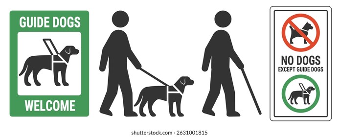 Guide dogs welcome signs. Vector illustration of blind man with guide dog. Service animals and guide dogs allowed and welcome labels and sticker templates.