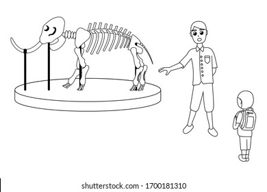 The guide during a tour of the museum shows the skeleton of a mammoth. human characters of visitors. father with son. white background isolated stock vector illustration