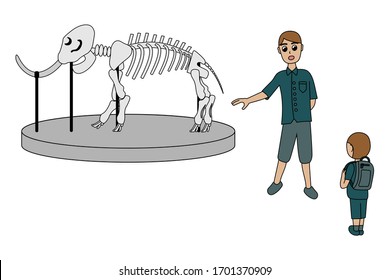 The guide during a tour of the museum shows the skeleton of a mammoth. human characters of visitors. father with son. white background isolated stock vector illustration