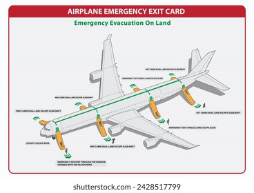 Guía para la salida de emergencia de la aeronave o evacuación de emergencia en tierra. Tarjeta de instrucciones de seguridad. Mapa de salida de emergencia del avión para el vector del pasajero Ilustración.