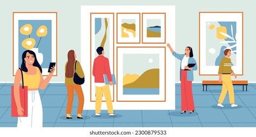 Guide and excursion background with art museum symbols flat vector illsutration