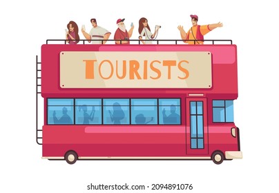 Guide excursion composition with characters of guide and group of tourists on top of sightseeing bus vector illustration