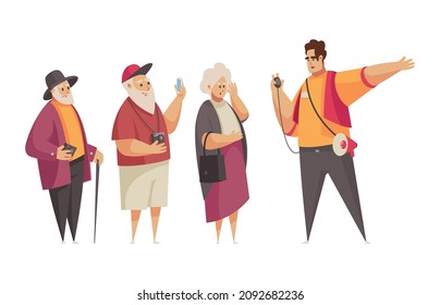 Guide excursion composition with group of elderly tourists with male character of young guide vector illustration