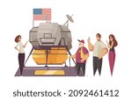 Guide excursion composition with group of space museum tourists with guide and lunar module of spacecraft vector illustration