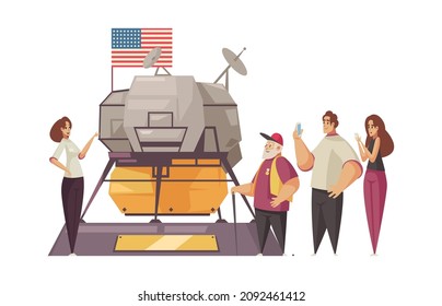 Guide excursion composition with group of space museum tourists with guide and lunar module of spacecraft vector illustration