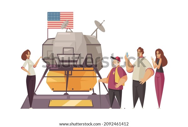 Guide excursion composition with group of\
space museum tourists with guide and lunar module of spacecraft\
vector illustration