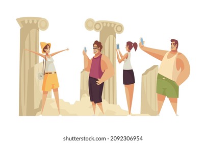 Guide excursion composition with group of tourists among ancient pillar columns vector illustration