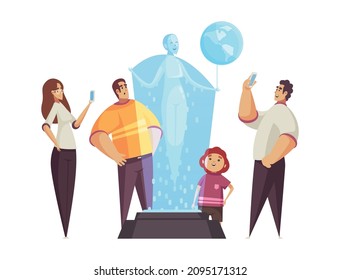 Guide excursion composition with group of tourists surrounding podium with holographic woman vector illustration