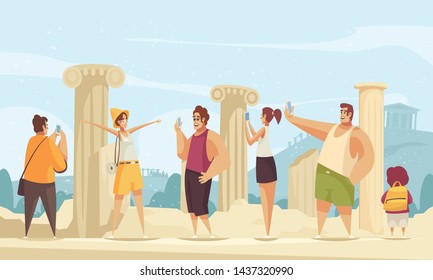 Guide excursion ruins composition with outdoor landscape and ruins of ancient architectures with curious tourist characters vector illustration