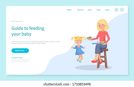 Guide to feed baby landing web page template vector. Mother sits on chair with tray and feeds her daughter with strawberries, banana and drink. Motherhood and parenting, bringing up child illustration