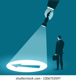 Guide to finding and choosing a direction. Hand with a flashlight illuminates the hidden arrow. Business concept. Vector illustration