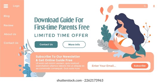 Guide for first time parents, download tips and recommendations for free. Limited time offer for mothers and fathers with newborn babies. Website landing page, internet site, vector in flat style