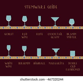 Guide glasses. Stemware guide. Glass set. Vector illustration