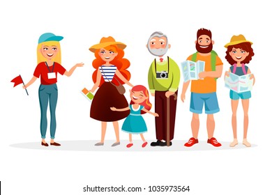 Guide and group of tourists listening her and having an excursion vector illustration in flat design. Various people cartoon characters isolated on white background.