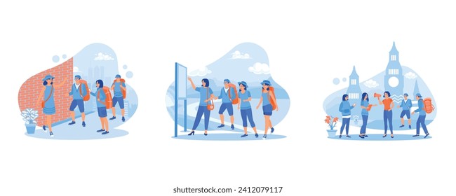 Guide and group of tourists. Read maps of tourist areas. Tour guide girl. Tourist Guide concept. Set Flat vector illustration.