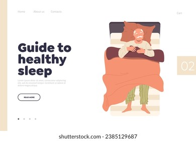 Guide to healthy sleep landing page template with relaxed senior man napping in bed design