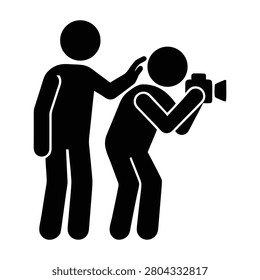 Guide helping photographer with camera positioning silhouette icon